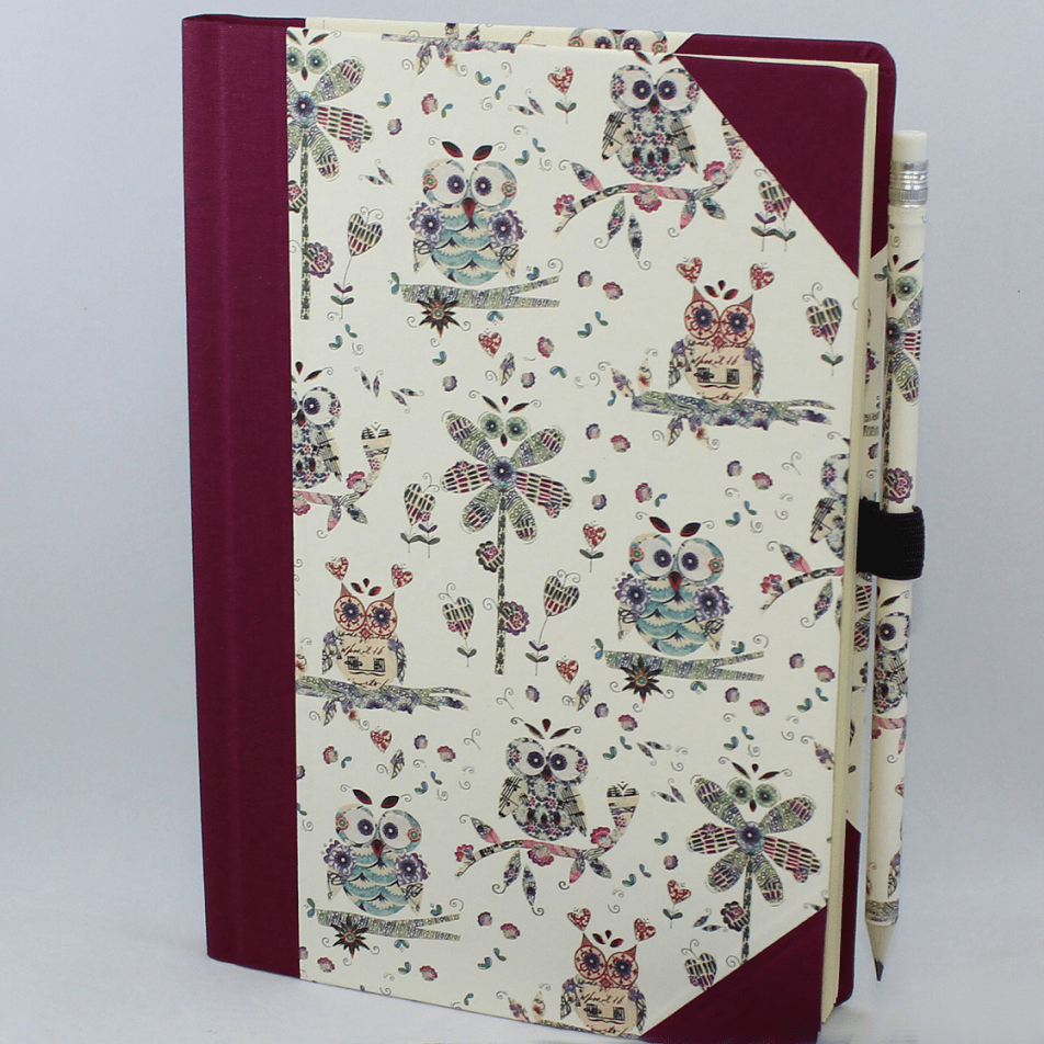 Notizbuch Uhu weinrot mit Stifthalter