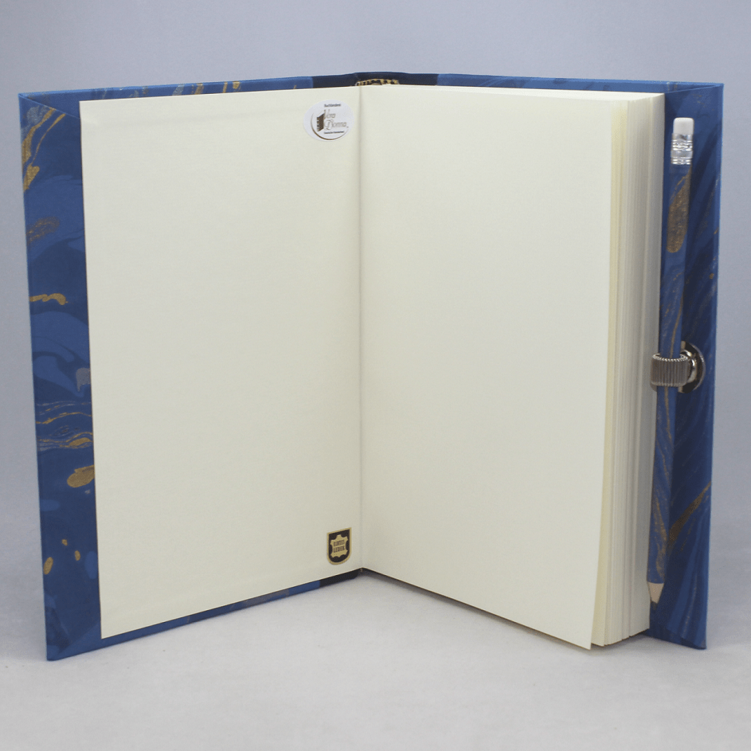 Notizbuch Marmoreffekt mit Stifthalter in blau Innenansicht Notizbuch Marmoreffekt mit Stifthalter in blau