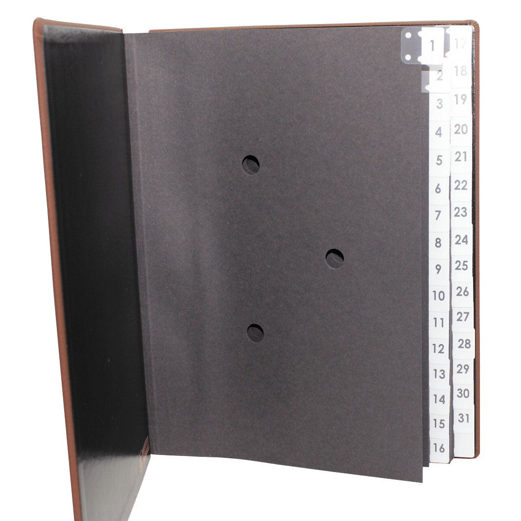 Pultordner mit Registern 1-31 aus genarbtem Vollrindleder in Braun