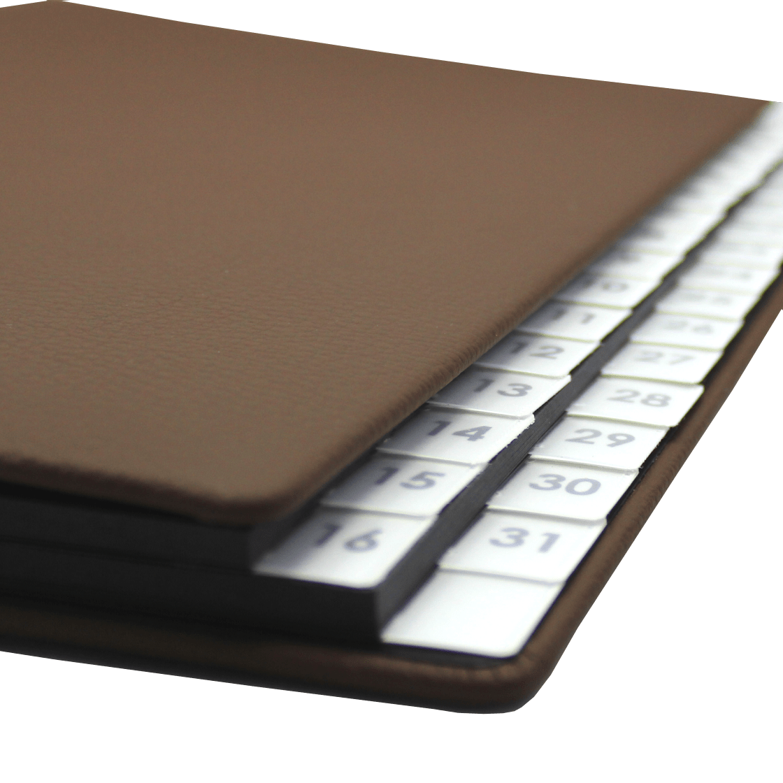 Pultordner mit Registern 1-31 aus genarbtem Vollrindleder in Braun
