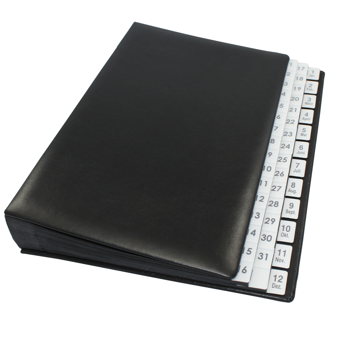 Pultordner mit Register 1-31 plus 1-12 aus glattem Vollrindleder in Schwarz
