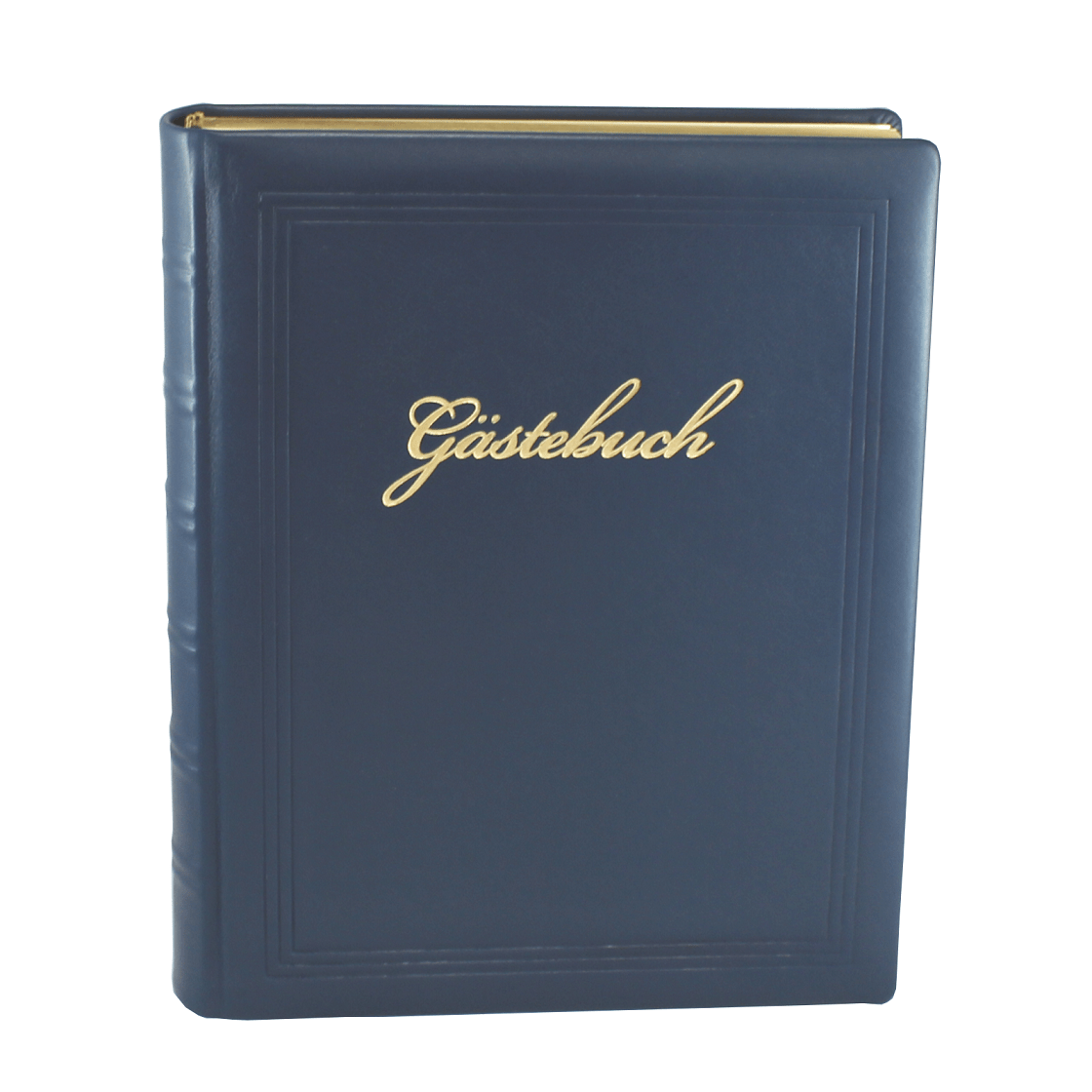 Gästebuch dick aus blauem Leder mit Goldschnittblock und Prägung
