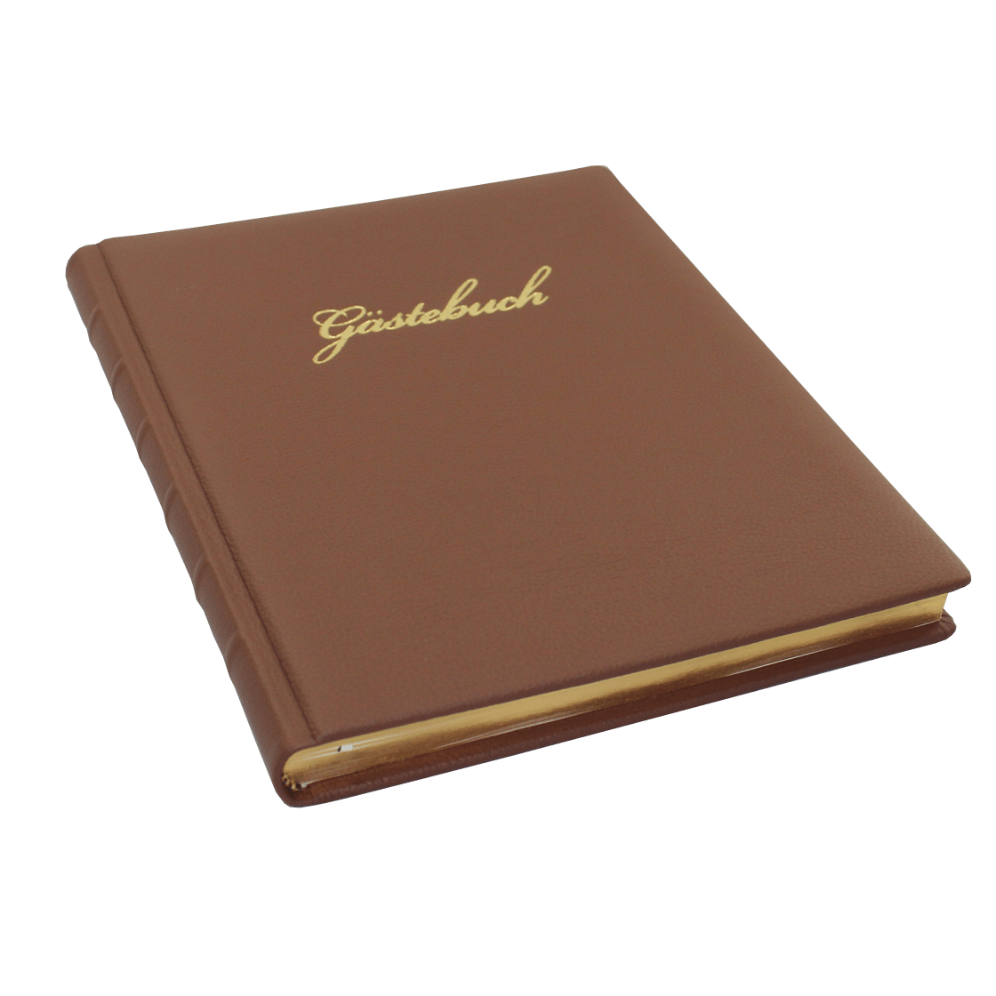 Gästebuch aus braunem genarbtem Leder mit Goldschnittblock und Prägung