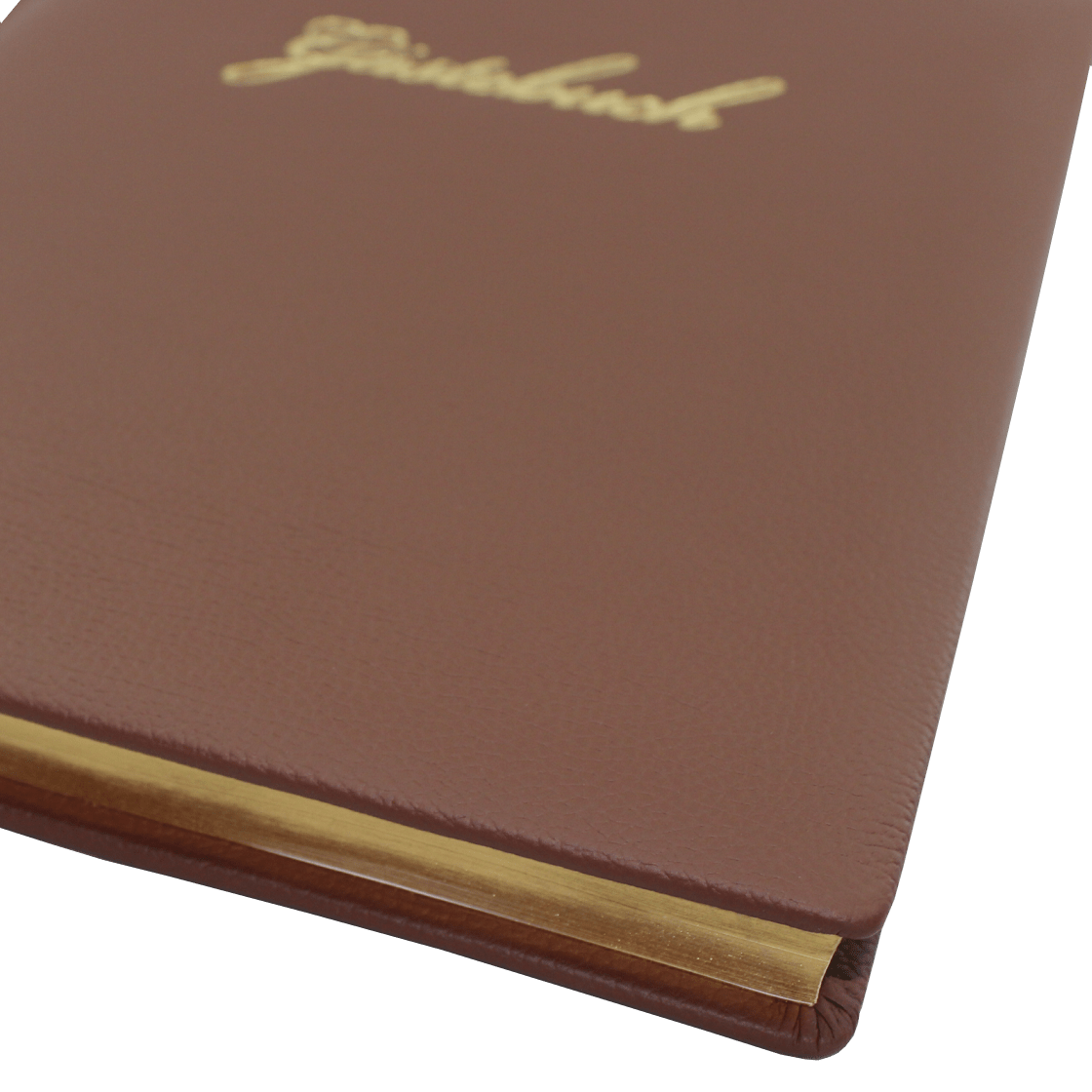 Gästebuch aus braunem genarbtem Leder mit Goldschnittblock und Prägung