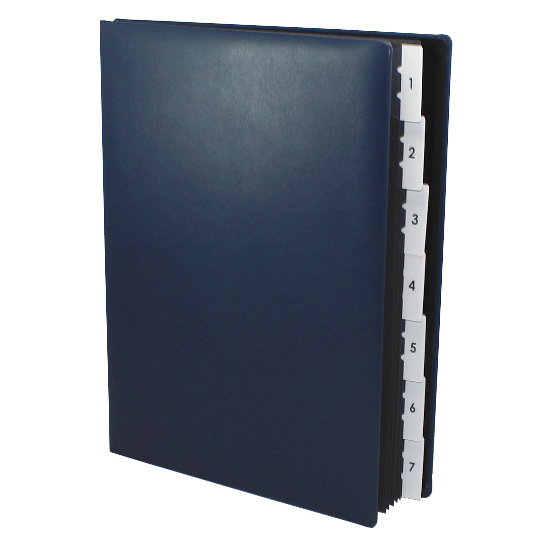Pultordner aus glattem blauem Leder mit Register von 1-7 Pultordner mit Register 1-7 aus glattem Vollrindleder in Blau