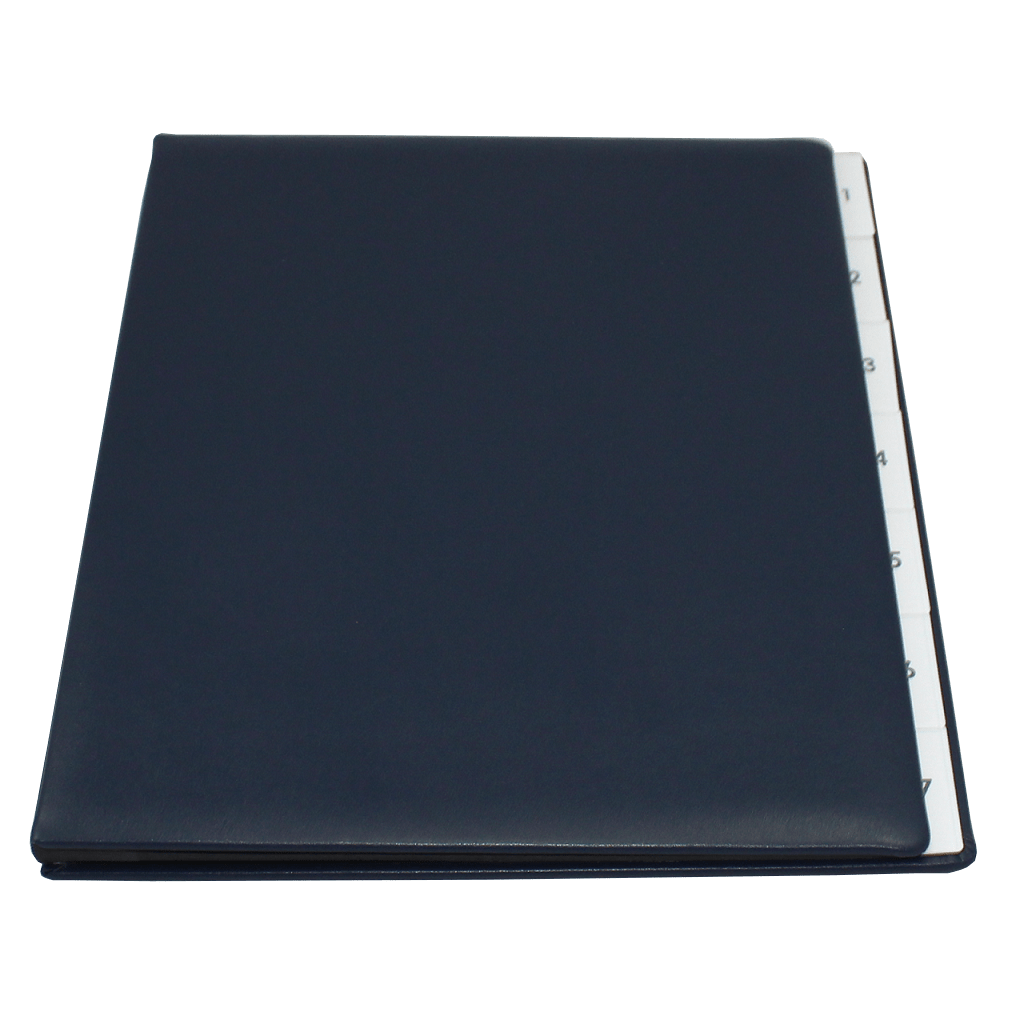 Pultordner aus glattem blauem Leder mit Register von 1-7 liegend Pultordner mit Register 1-7 aus glattem Vollrindleder in Blau