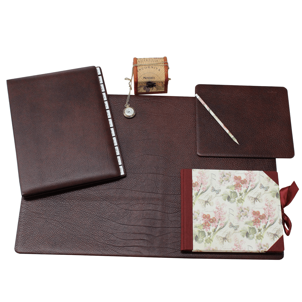 Set Schreibtischunterlage und Mousepad Rustico aus Schrumpfleder Gruppenbild