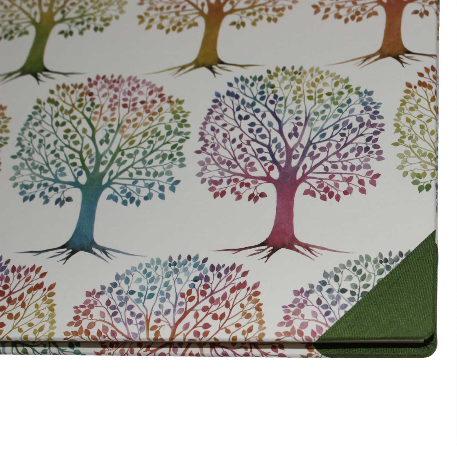 Gästebuch Lebensbaum mit grünem Buchbinderleinen im Querformat