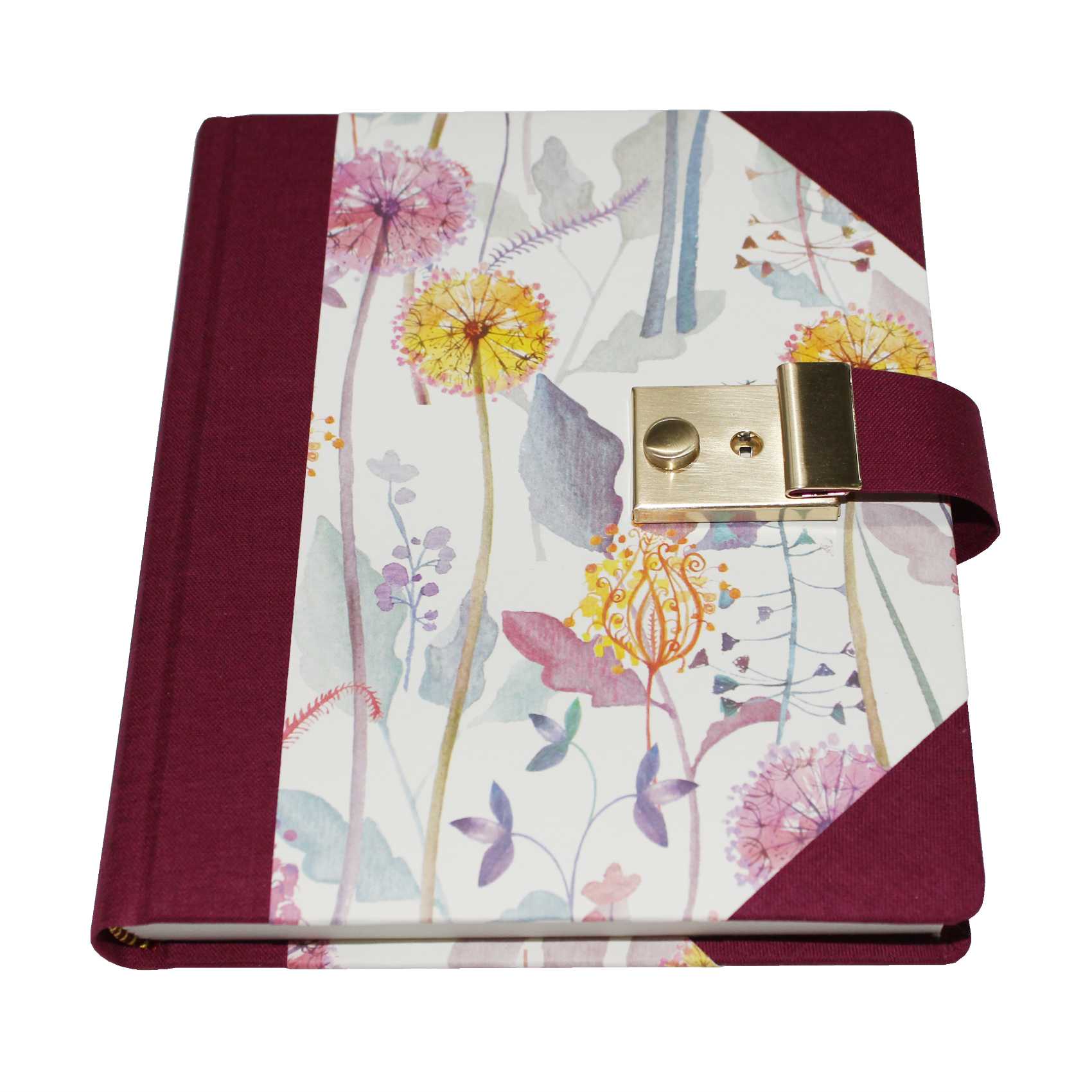Tagebuch Blumenzauber mit Schloss in weinrotem Buchbinderleinen