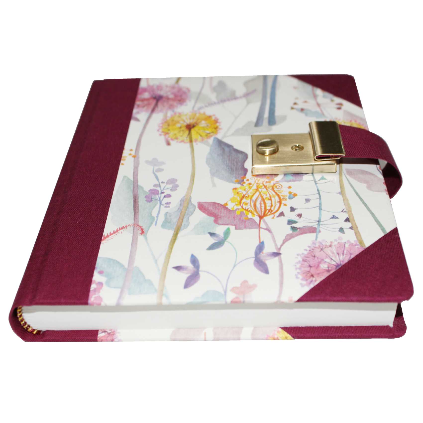 Tagebuch Blumenzauber mit Schloss in weinrotem Buchbinderleinen